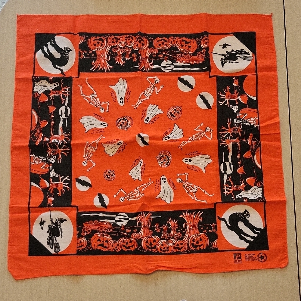Vintage Paris Halloween Cotton Bandana Ghost Witches JOL Skeleton Cat
